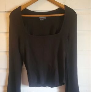 Anthropologie Maeve Square-Neck Bell-Sleeve Sweater Small Pointelle Black